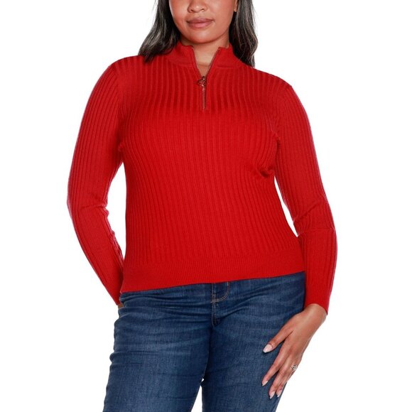 Belldini Black Label Plus Size 3X Ribbed Mock Neck Half-Zip Red Sweater MSRP $88 - Picture 1 of 4